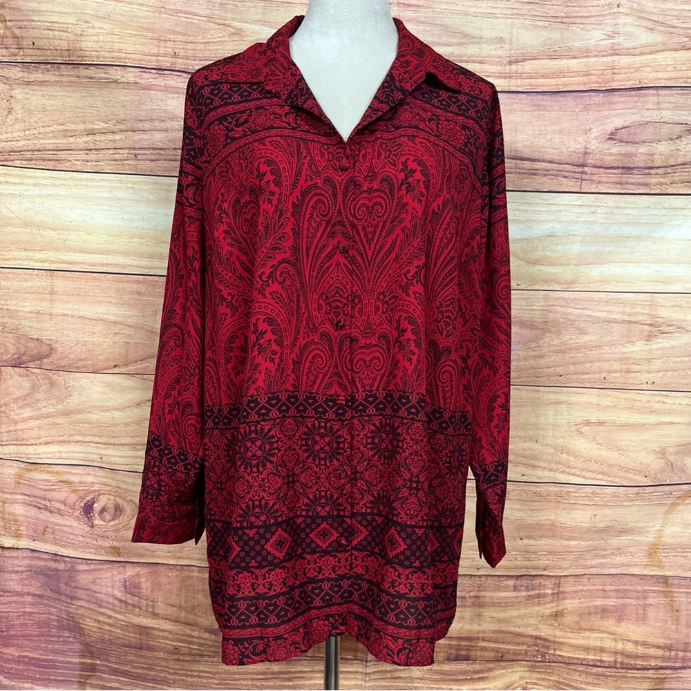 Roz&Ali Size 1X Womens Red Paisley Collared Long Sleeve Flowy Button Up Shirt